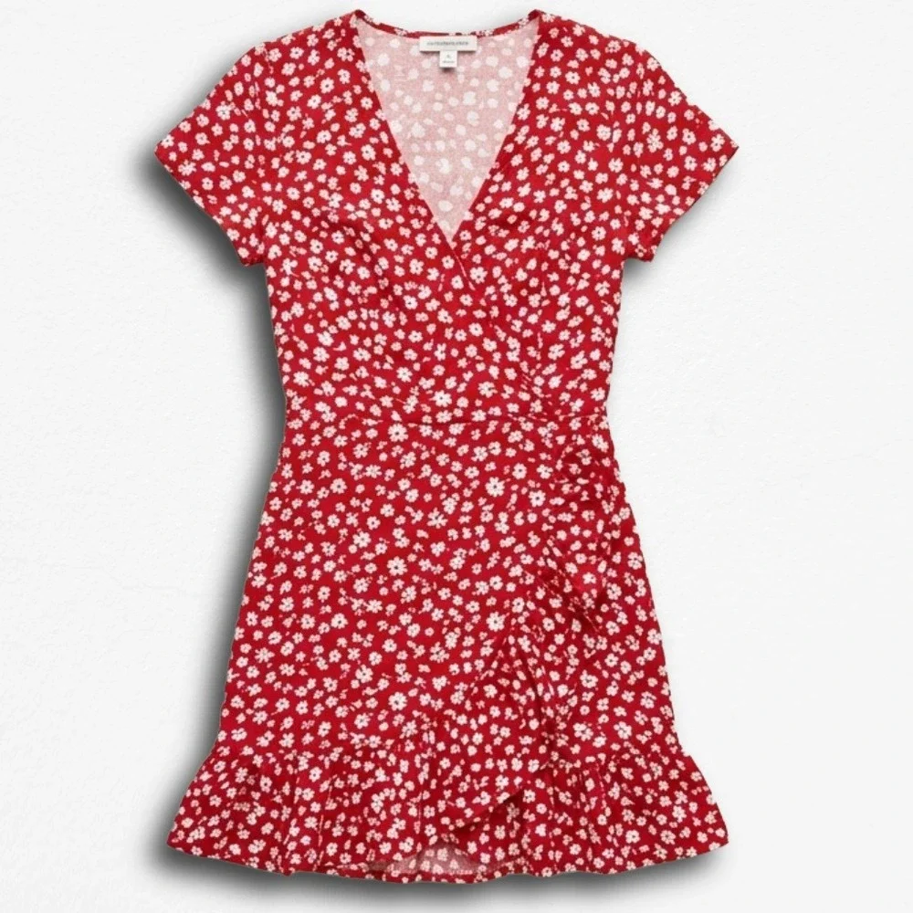 j crew red floral wrap dress J.Crew Mercantile Red Floral Faux Wrap Mini Dress Short Sleeve Ruffle Hem  Size 2